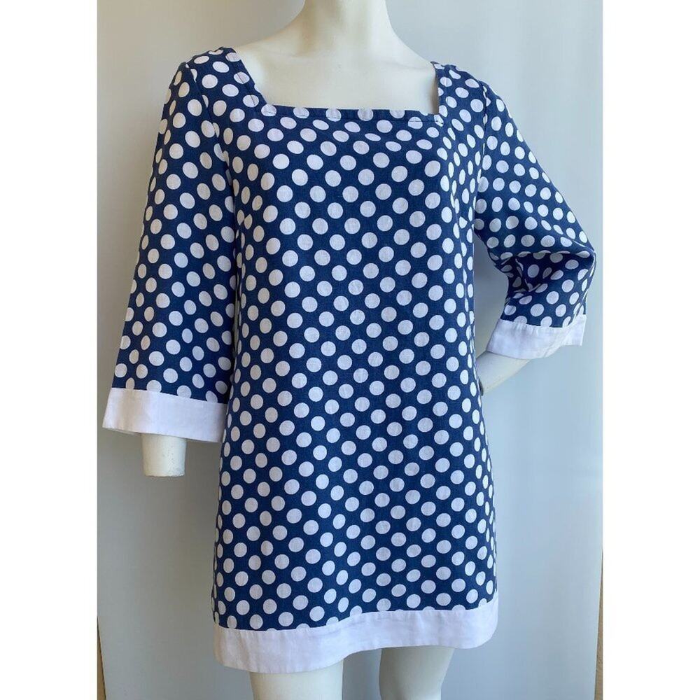 Island Company Linen Blue Polka Dot Shift Dress Medium M